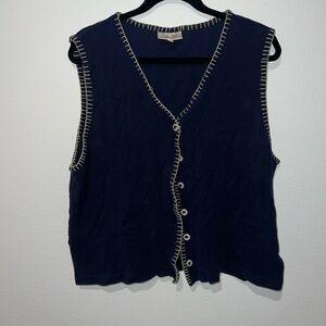 Vintage Susan Bristol Navy Blue Button-Up Vest with Yellow stitching size L